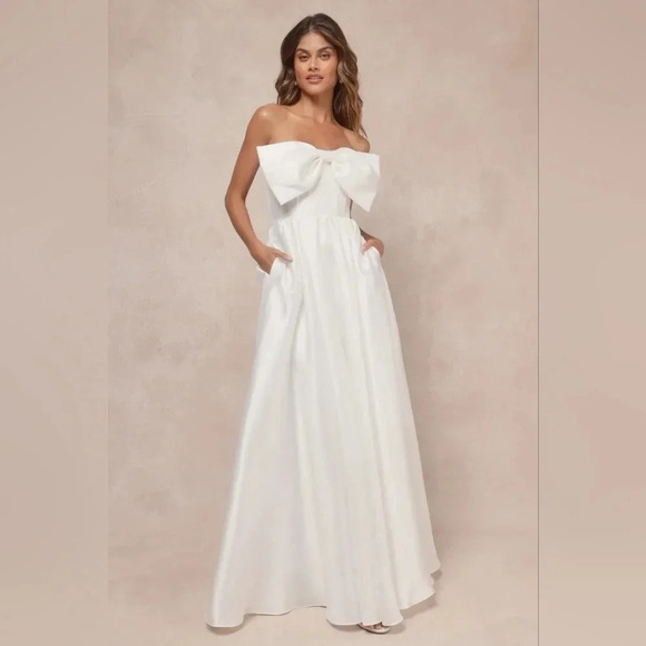 Lulu's Refined Extravagance White Taffeta Bow Maxi Dress With Pockets M Wedding - Picture 2 of 11